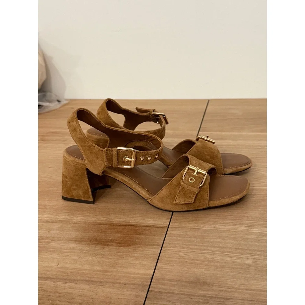 Madewell Women Tan Suede Double Buckle Block Heel Sandals NU909 Size 9